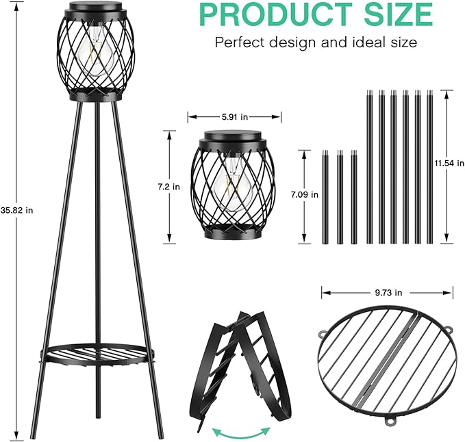 Solar Floor Lamp with Plant Stands，Solar Lights Outdoor with Vintage LED Edison Bulbs, Weatherproof Garden Lights for Pathway, Patio, Yard, 8-10 Hours Lighting, IP55 Waterproof