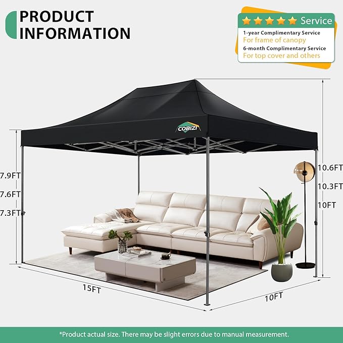 COBIZI 10x15 Pop up Canopy Tent Heavy Duty with 4 Sidewalls, Easy Set-up Commercial Outdoor Party Tent, 100% Waterproof Wedding Canopy Gazebo, 3 Height Adjustable with Handbag, Black