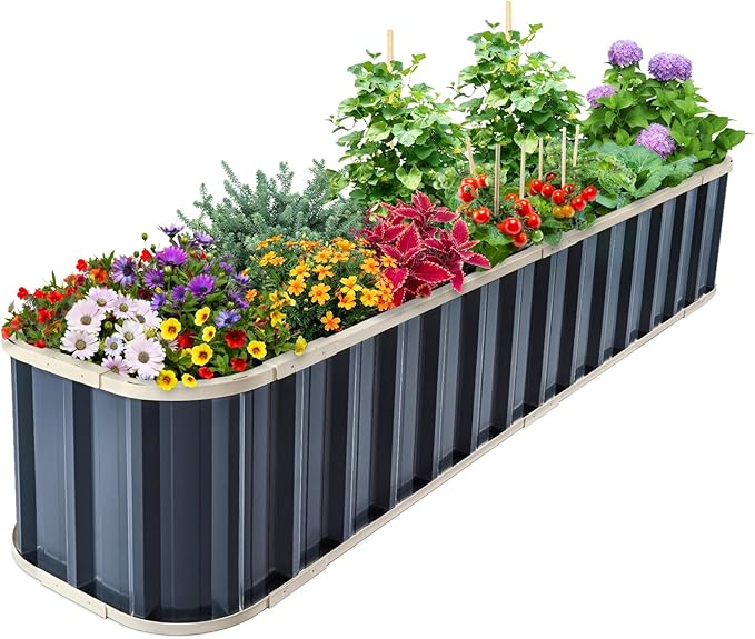 KING BIRD Raised Garden Bed Quick-Install Galvanized Planter Garden Box Outdoor for Gardening, Vegetables, Flowers 7.2x1.7x1 Ft, Dark Grey