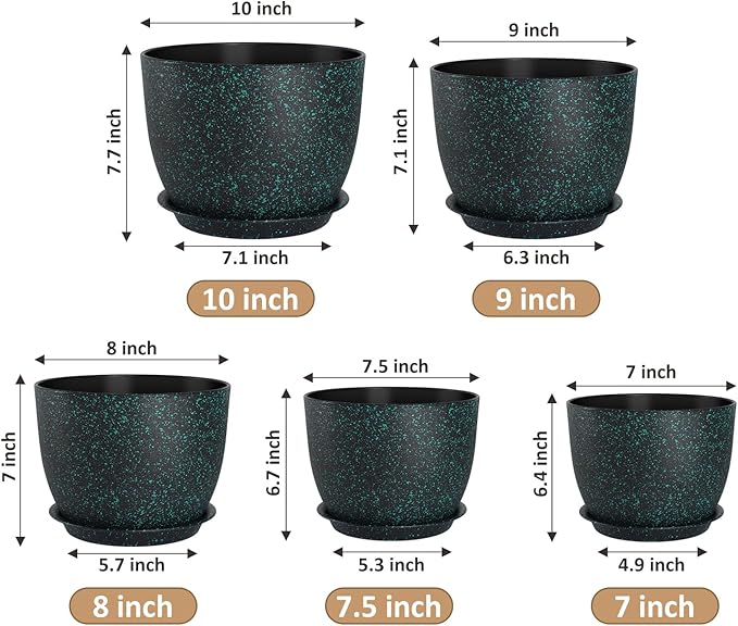 Plant Pots 10/9/8/7.5/7 inch Set of 5,Flower Pots with Multi Mesh Drainage Holes, Large Planters for Indoor Outdoor Garden Plants and Flowers. (Green Speckles)