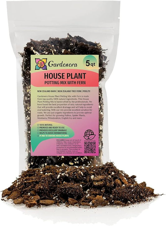 Premium Gardenera House Plant Potting Mix | Fern + New Zealand Bark + Perlite | Great for Pothos, Spider Plants, Montsera, Philodendron, English Ivy - 5 Quart Bag
