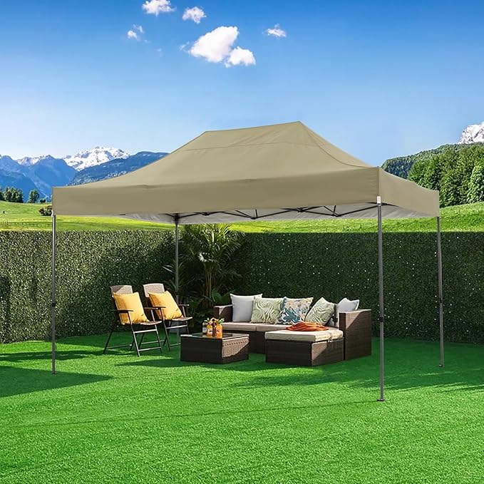 COBIZI 10x15 Heavy Duty Pop up Canopy Tent with 4 sidewalls Commercial Outdoor Canopy Wedding Party Tents for Wedding All Season Wind & Waterproof Gazebo with Carry Bag, Khaki(Frame Thickened)