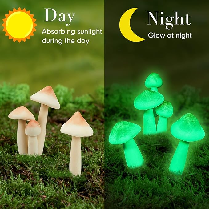 Taiyin 20 Pcs Luminous Mushroom Miniature Garden Mushrooms Outdoor Decor Waterproof Glow in The Dark Yard Decor for Fairy Outdoor Garden Micro Landscape Christmas Tree Decor
