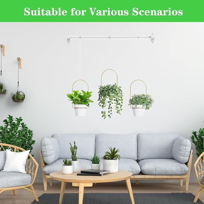 DOUBFIVSY Hanging Planters for Indoor Plants Plant Hanger, Adjustable Hanging Window Planter Hanging Wall Planter for Garden, 25in Plant Shelves Metal Holder Rod with Pots (White)