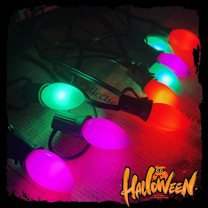 C7 LED Multicolor Christmas Lights, 25Ft with 27 Orange Green Purple Bulbs, Hanging Vintage Outdoor Christmas Decorations for Roofline Garden Patio Holiday Backyard