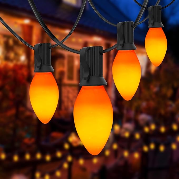 C7 LED Orange Halloween Lights, 25Ft Outdoor Halloween Decorations String Lights Waterproof with 27 Orange LED Bulbs, Vintage Christmas Lights for Halloween Outdoor Indoor Patio Home Party Garden Yard