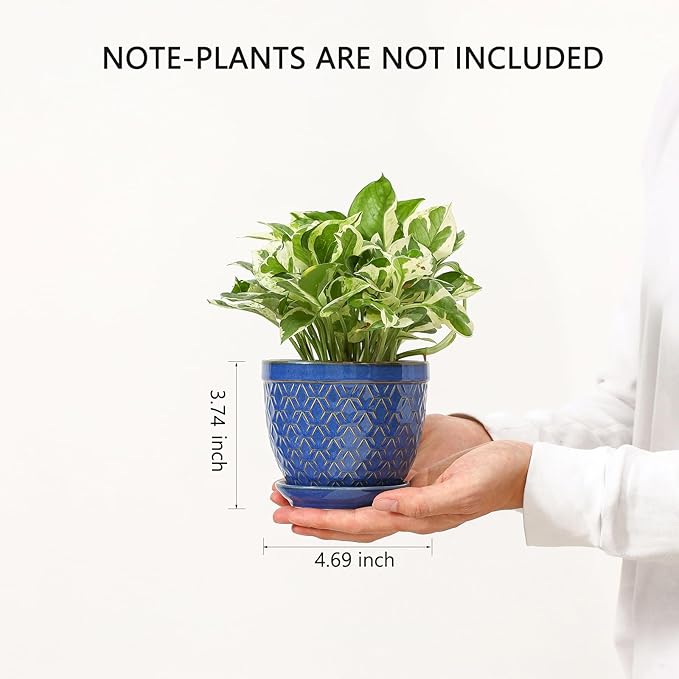 Sureasy Ceramic Plant Pots, 4.7 Inch Flower Pots for Indoor Plants, Succulent Pots with Saucer and Drainage Hole, Decorative Planter for Succulent, Cactus, Set of 4, Blue