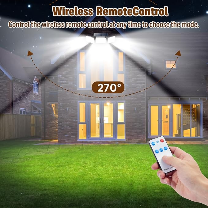 Solar Lights Outdoor Waterproof, Motion Sensor & Flood Outdoor Lights with Remote Control, 4 Adjustable Modes, 3000LM & 218 LED, High-Energy-Density Solar Panel-Monocrystalline Technology, 2 Pack