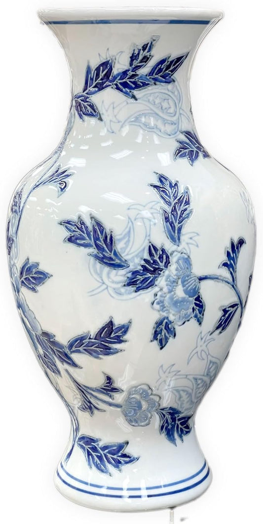 Galt International Blue and White Floral Chinoiserie Ceramic Vase 14" - Hand Painted Antique Style Porcelain Flower Bottle Fishtail Porcelain Chinese Vase for Home Decor Centerpiece