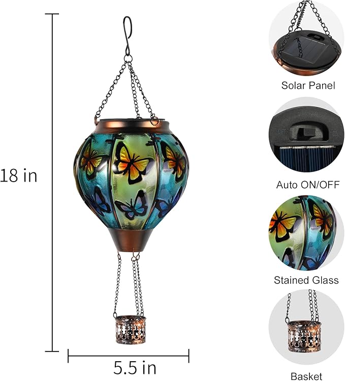 Butterfly Hot Air Balloon Solar Lantern, Solar Hot Air Balloon Flickering Flame Hanging Garden Light Candle LED Light Glass & Metal Waterproof Outdoor Lanterns Yard/Patio Decorative, Gift for Mom