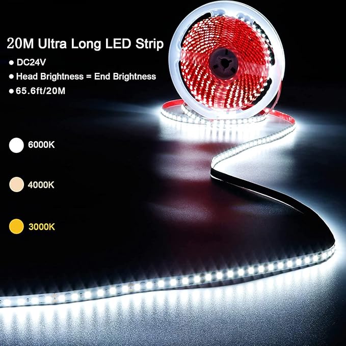 24V 65.6ft/20m LED Strip Light Warm White 3000K 2400LEDs High Brightness 12000LM SMD2835 Flexible No-Waterproof IP20 LED Tape for Kitchen Backyard Hallways Stairs Decoration(No Power Supply)