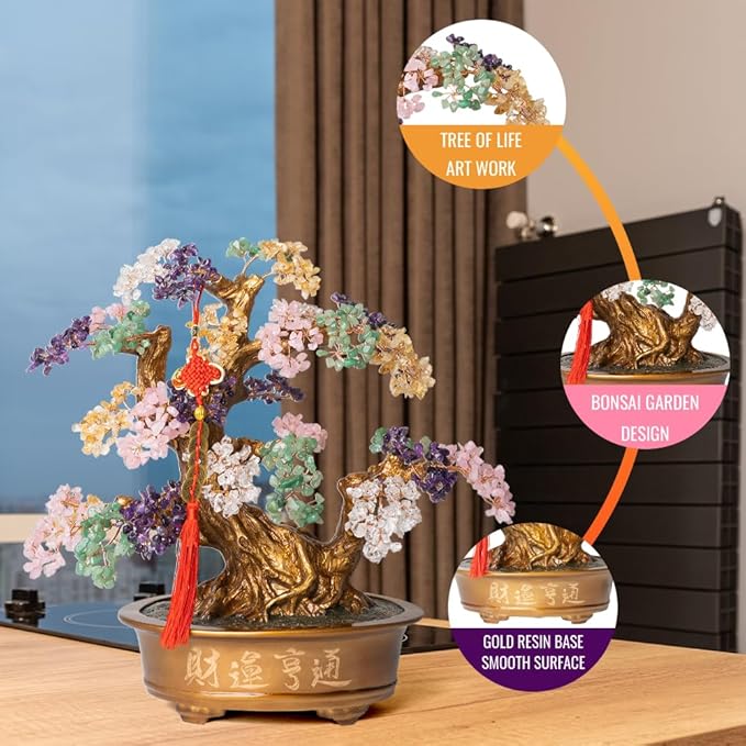 Natural Chakra Gemstone Crystal Bonsai Tree of Life（1,350 Gemstone Count） Large Feng Shui Money Tree for Luck and Wealth Desk Decoration 20 Inches