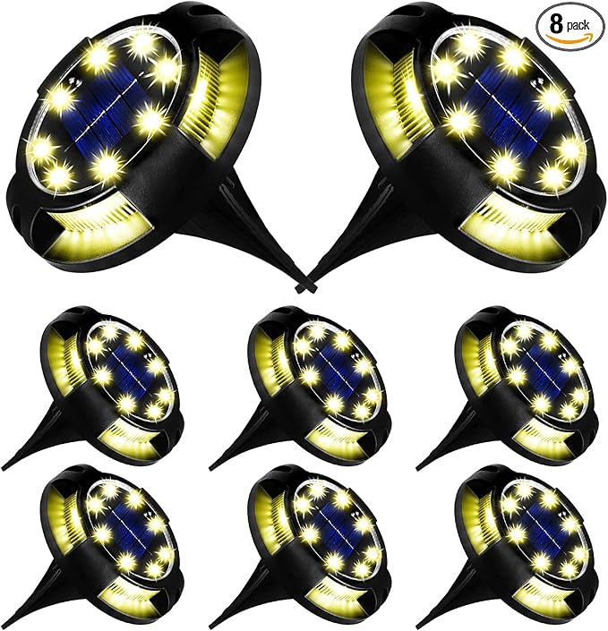 Solar Ground Lights Outdoor 8 Packs 12 LED Disk Lights Solar Powered Waterproof New In-ground Lights For Garden Deck Stair Step Lawn Patio Driveway Walkway Pathway Yard decoration(8 Pack, Warm Light)
