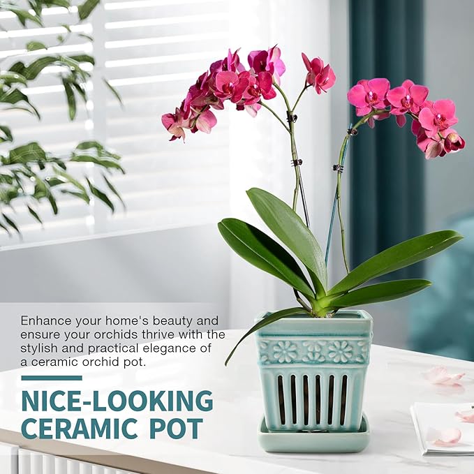 Orchid Pots with Holes | 5" Ceramic Orchid Planter with Separate Saucer and Drainage Holes | Crackle Glazed Pottery Small Flower Pot for Repotting Orchids（Blue）