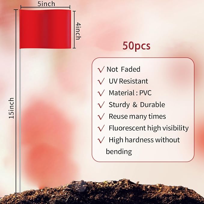 Zozen 50Pack Red Marking Flags, Writable/15x4x5 Inch, Yard Flags for Lawn & Irrigation & Landscape & Sprinkler & Survey & Dog Training.