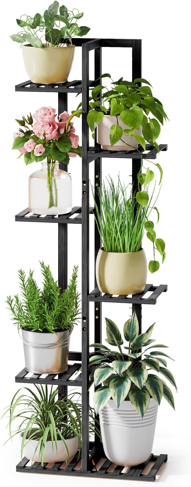 ROSSNY Plant Stand Indoor, 6 Tier 7 Potted Bamboo Plant Stands for Indoor Plants, Corner Plant Stand, Tiered Plant Stands, Plant Shelf For Indoor, 48 Inch Tall Planter Holder for Multiple Plants Indoor, Black