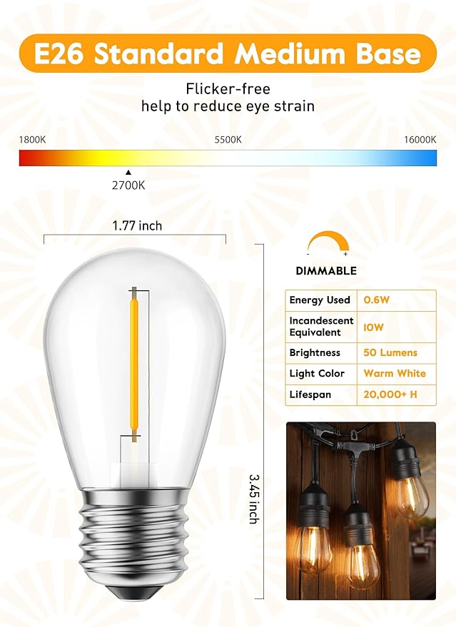 Moonflor S14 LED Light Bulbs 15 Pack 1W (Equivalent to 11 W) Shatterproof Replacement Bulbs with E26 Medium Base, Warm LED Bulbs for Outdoor Patio Garden Vintage String Lights