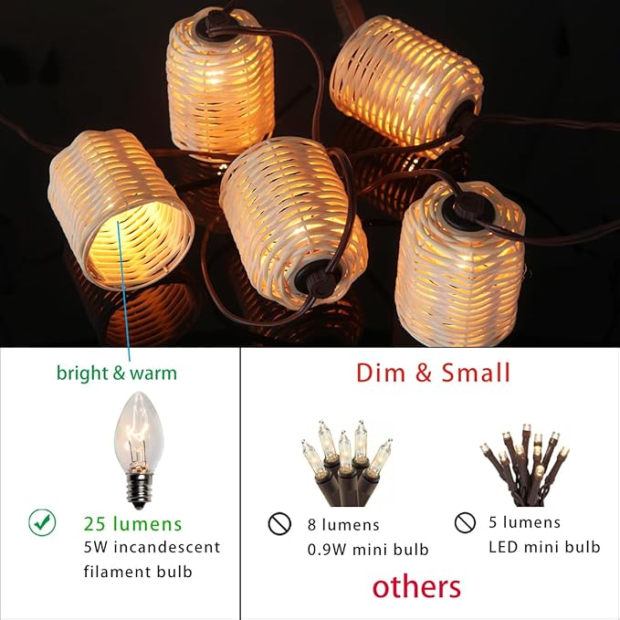 Natural Rattan String Lights, 10 Rustic Raffia Cage,10 Ft Plug in & Connectable Wicker Lights, Rustic Farmhouse Style for Room,Garden,Deck,Patio Decorations, Natural Color Rattan