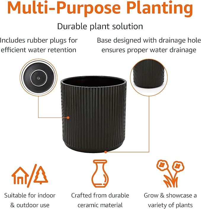 Amazon Basics Fluted Ceramic Round Planter, 10-Inch, Black