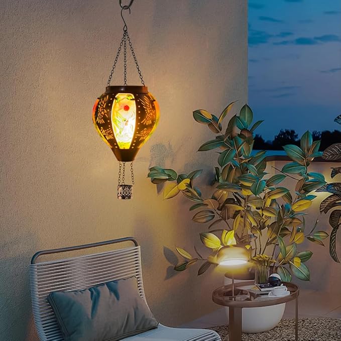 Starsoul Hummingbird Hot Air Balloon Solar Lantern Metal & Glass Solar Hot Air Balloon Hanging Garden Light Waterproof Outdoor Lantern for Patio Yard Party Decorations