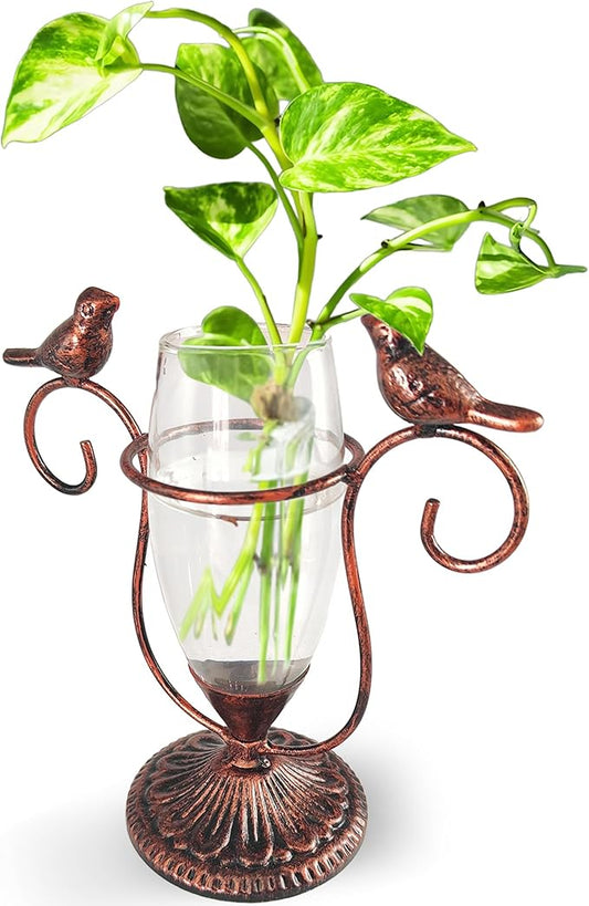 POXOH Vintage Glass Planter - Metal & Glass Propagation Vase with Dual Birds Art, Retro Indoor Planter for Hydroponic Plants, Office Desk Decor, Living Room Centerpiece