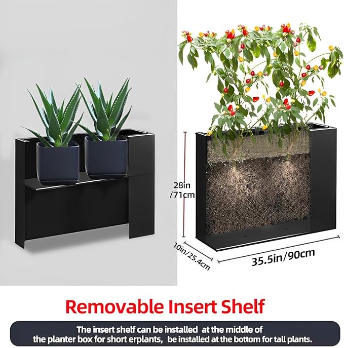 Metal Tall Long Planter Box Large Rectangular Planter Flower Pot with Drainage Holes for Indoor Outdoor Deck Porch Garden Home Patio Front Door (Black, M)