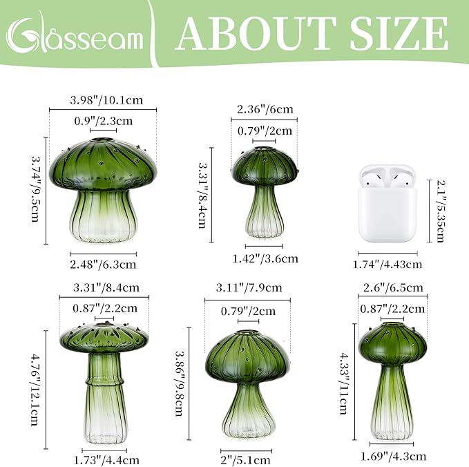Glasseam Mushroom Plant Propagation Stations: Green Glass Terrarium Jar Set of 10 Cute Planters for Indoor Plants Mini Propagate Station Unique Christmas Birthday Gifts for Women Home Office Decor