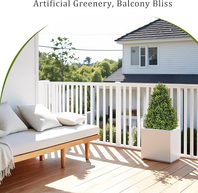 30" Artificial Boxwood Faux Plants Outdoor, UV Resistant Topiary Trees Realistic Cone-Shaped Fake Bushes and Shrubs Potted Fakeplants Set of 2 for Front Porch Patio Outside Planter Decor