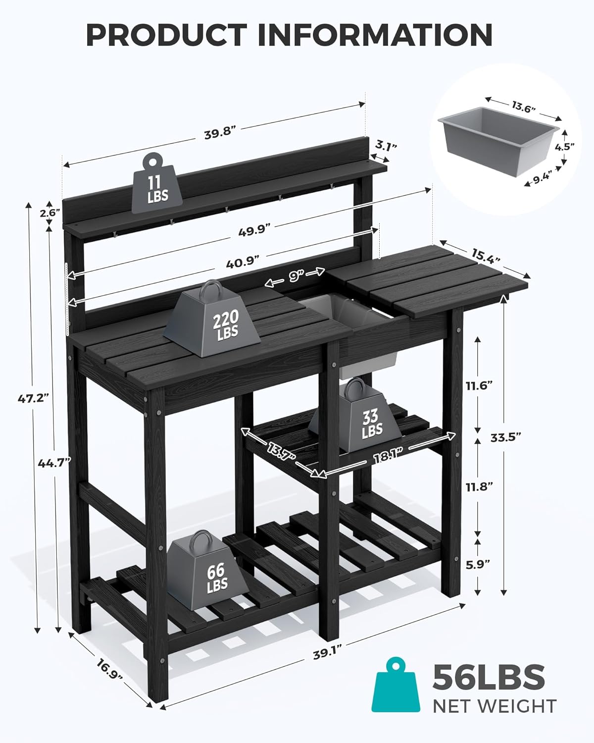 SERWALL Outdoor Potting Bench Potting Table with Sink, HDPE Potting Benches with Storage for Outside Gardening Table All Weather Use- Black