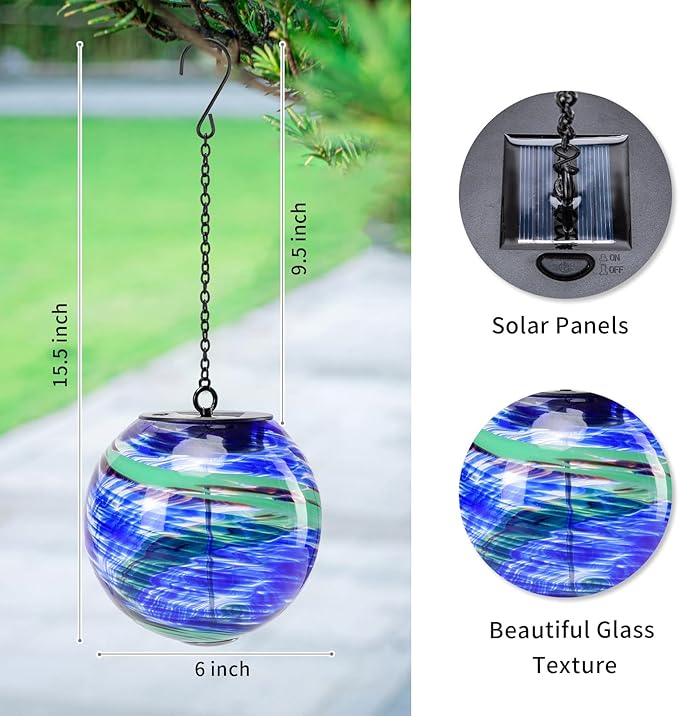 VCUTEKA Solar Chandelier Outdoor, Hanging Glass Solar Light with Hook Up, Garden Lanterns Decor for Yard, Tree and Patio, Blue Green