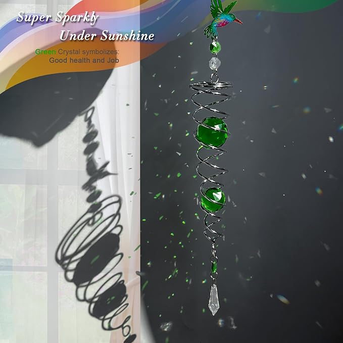 FONMY Hummingbird Gazing Ball Spiral Wind Spinner Sun Catcher Rainbow Maker Silver Spiral W/ K9 Green Crystal Ball Tree Hanging Ornament Indoor Outdoor Garden Decor. -19.5inch H