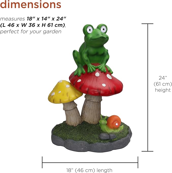 Alpine Corporation ZEN390SLR-L Frog on Mushroom Statue with LED Lights, Solar-Powered LED Frog Garden Statue, 24" H, Green