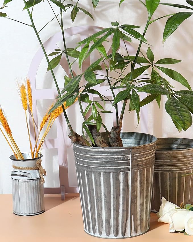 vensovo 7 Inches Silver Metal Rustic Flower Pots - 6 Pcs Medium Galvanized Planters with Drainage Hole and Rubber Plug, Rustproof Tin Bucket Plant Pot Farmhouse Vintage Style for Decor