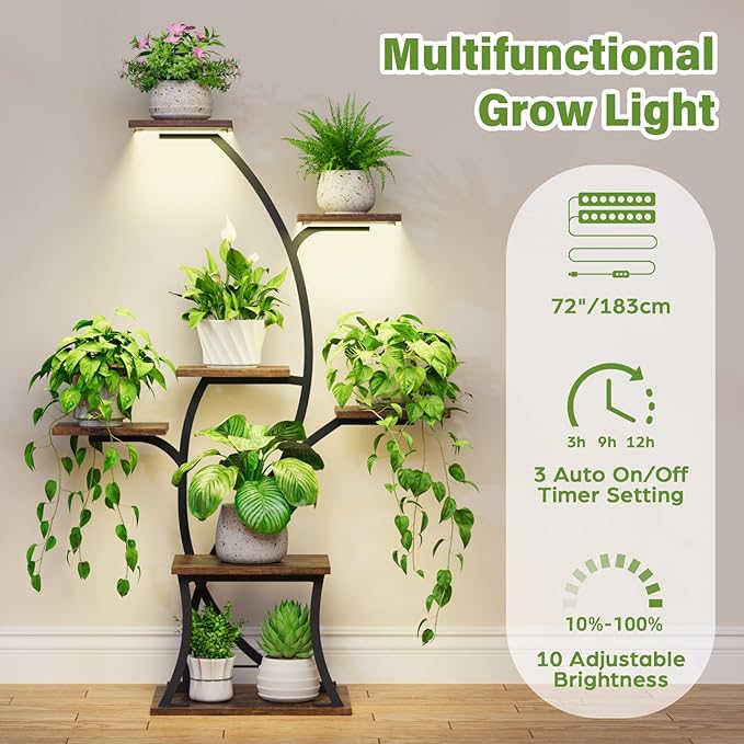 Plant Stand Indoor with Grow Lights - 7 Tiered Indoor Plant Shelf, 44" Corner Plant Stands for Indoor Plants Multiple, Metal Plant Shelves, Curved Plant Holder Rack for Living Room, Patio, Balcony