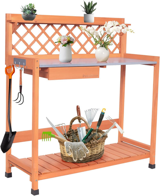 Outdoor Potting Bench & Wooden Gardening Work Station Planting Table with Metal Tabletop, Drawer, Storage, and Hooks