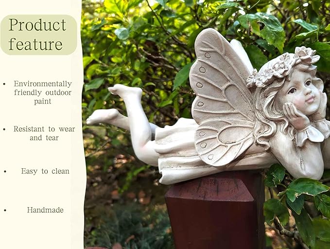 MeritMode Fairy Garden Figurines - Angel Statue with Butterfly and Holding Face, for Mom, Resin Outdoor Figurine for Patio & Yard, 10" Width