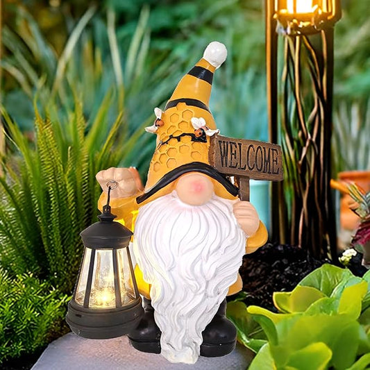 Gnome Garden Statues with Solar Lights Outdoor Gnomes Sculpture Yard Patio Decor for Lawn Ornaments Gardening Gifts（Bee Gnome