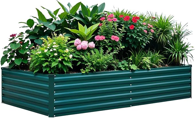 Raised Garden Bed 8×4×1.5FT, Galvanized Raised Garden Beds Outdoor for Vegetables Flowers Herbs, Steel Large Deep Root Planter Box, Tall Raised Garden Bed Kit with 3ftx30ft Weed Barrier Fabric, Green