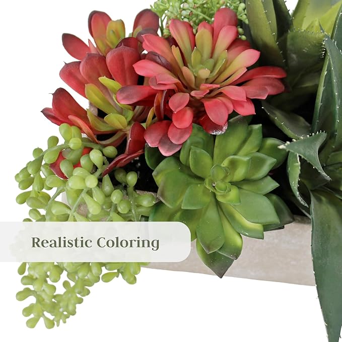 Oblong Faux Succulent Arrangement, 27" Premium Artificial Indoor Plant Enhances Interior Design, Display on any Surface in Your Home Adding an Inviting Touch of Nature, Natural Planter Pot Included