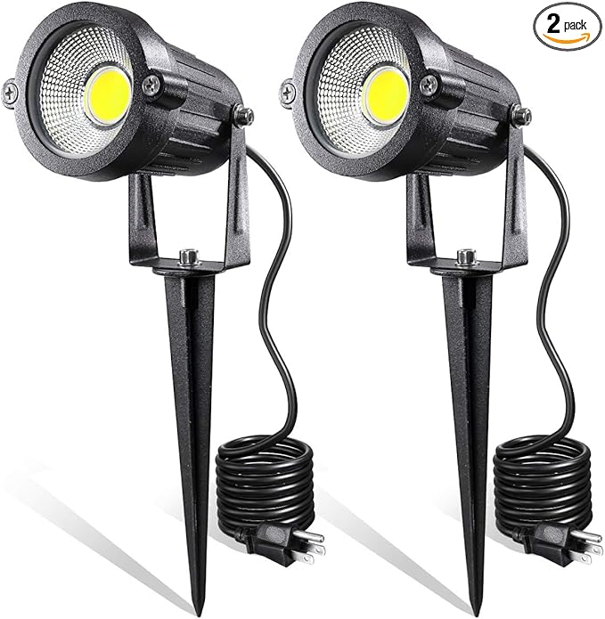 LED Landscape Lights,5W 120V AC Outdoor Pathway Garden Yard Spotlight,IP65 Waterproof Garden Flood Light,Outdoor Spotlight with Stake,UL Cord 5-ft with Plug (Pack of 2, Daylight White)