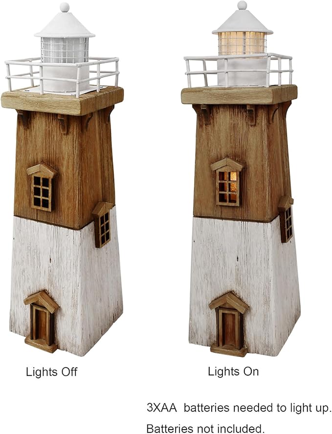 Wooden Lighthouse Decor with Light, Decorative Nautical Lighthouse Rustic Ocean Sea Beach Themed Lighthouse Decoration, Handcrafted Tabletop Nautical Themed Home Decor Bathroom Decor (13.78“H)