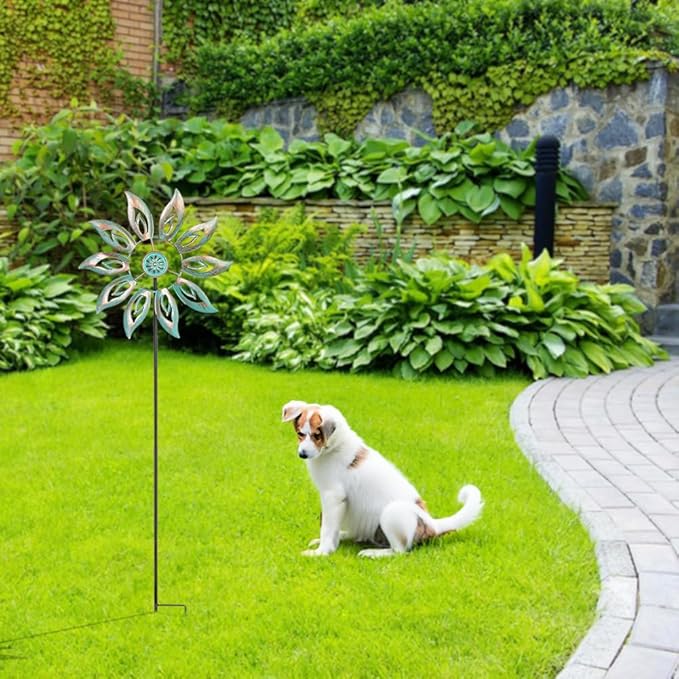 VEWOGARDEN Metal Flower Wind Spinners Outdoor, Garden Kinetic Wind Sculptures & Spinners for Yard Lawn Patio Decorations, Light Green