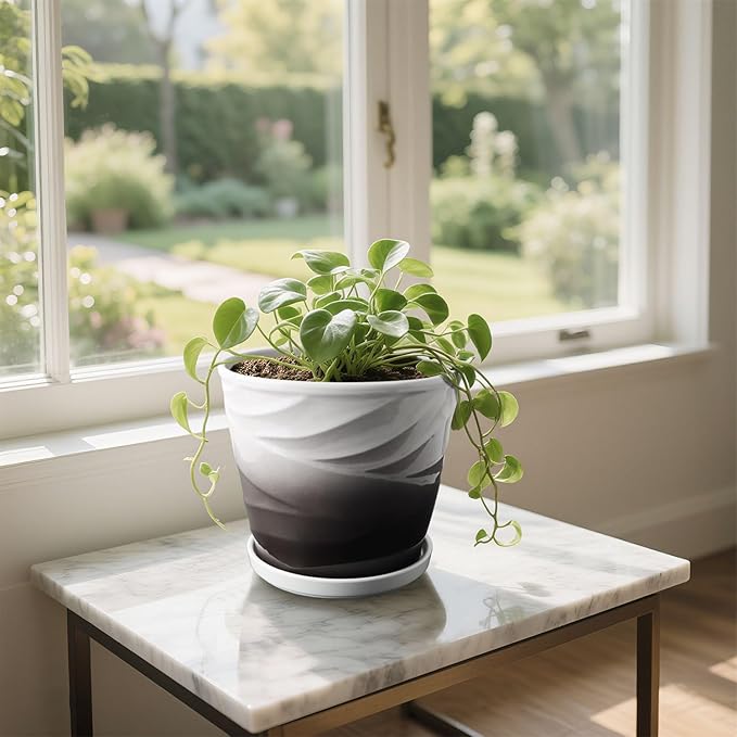 Ceramic Plant Pots,6.7 + 5.5 Inch,Set of 2,Planters with Drainage Hole and Saucer,Flower pots for Indoor Plants,Modern Design(Dark Gray+White)