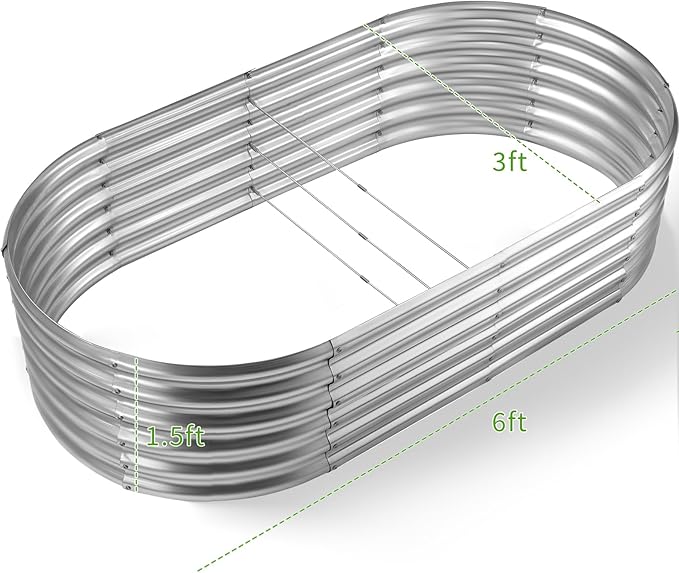 Land Guard 6x3x1.5ft Galvanized Raised Garden Bed Kit, Metal Planter Boxes Outdoor, Oval Metal Raised Garden Bed for Vegetables, Flowers (Silver)
