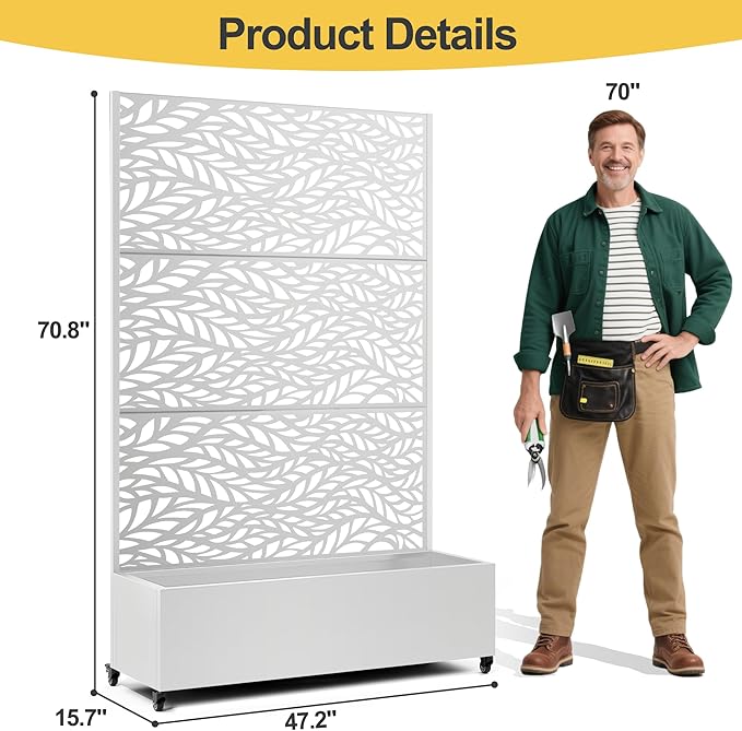 Raised Garden Bed with Trellis and Wheels,73"x47"x16" Metal Raised Garden Bed,White Flowing Leaf Metal Planter with Climbing Trellis for Vines & Vegetables