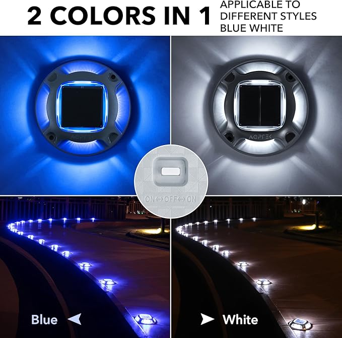 AGPTEK Solar Driveway Lights Outdoor 8 Pack, 2 Color Modes LED Deck Dock Marine Waterproof Security Marker Lights for Step Sidewalk Stair Garden Pathway Walkway Yard(Blue Light/Cool White)