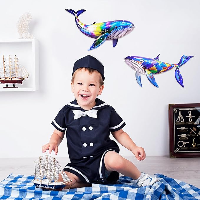 ULENDIS 2 Pack Metal Whales Wall Decor, Bright Color Nautical Metal Fish Wall Art, Wall Hanging Decorations Ocean Theme Outdoor Wall Decor for Patio Garden Yard Pool Fence