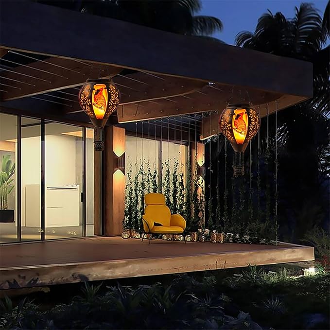 pearlstar Hot Air Balloon Solar Lantern with Flickering Flame Light Outdoor Solar Hanging Lights Waterproof for Garden Yard Farmhouse Patio Pathway Christmas Decoration,Glass&Metel(Cardinal)