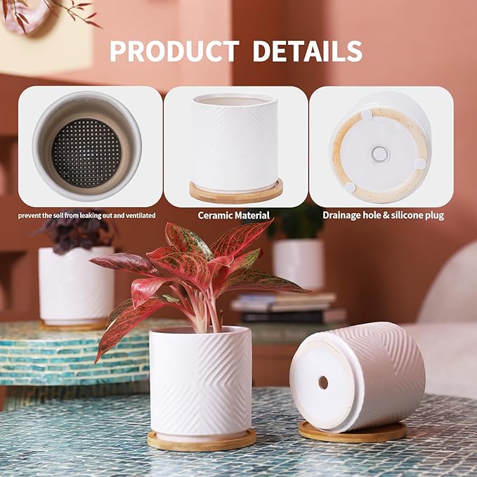 5.25 Inch Ceramic Planter Pot for Indoor Plants with Drainage Holes, Geometry Design White Flower Planter Pots with Bamboo Saucer, for Succulent, Snake Plants, Cactus & Herbs, Set of 4