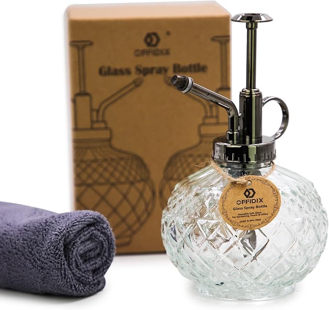 OFFIDIX Plant Mister, 300ML Vintage Glass Spray Bottle with Plastic Top Pump, Small Decorative Spritzer Watering Can for Indoor Outdoor House Plants (Transparent)